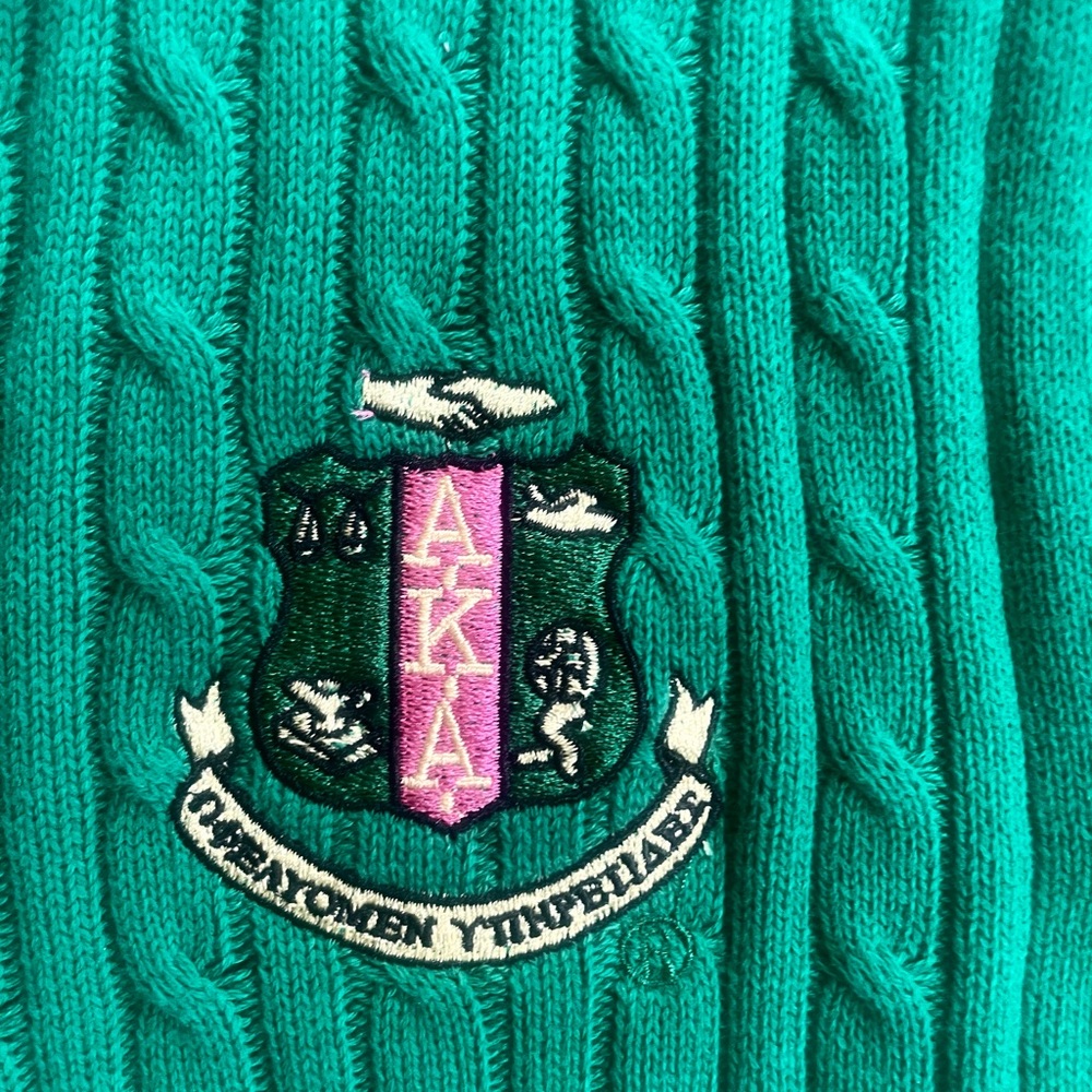 “Calling All AKA Sorority Members”   Green Cable Knit Zip Cardigan with Crest - Picture 3 of 4